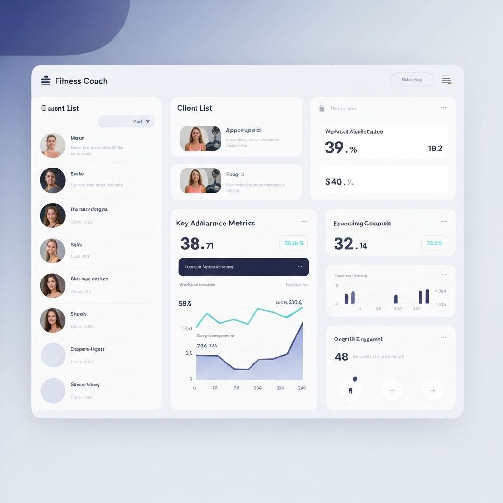 Dashboard del entrenador con lista de clientes y métricas